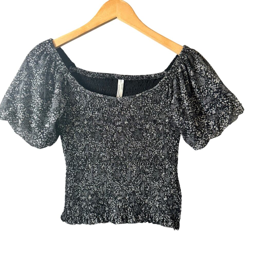 Anthropologie Aurelia Women's Top Smocked Milkmaid Black Floral Puff Sleeve